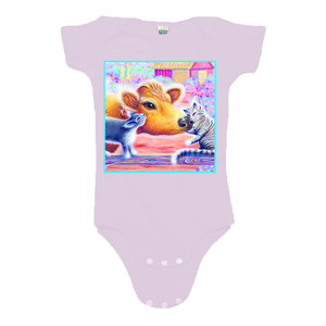 Organic infant one piece short sleeve with "Priya and Cats" design