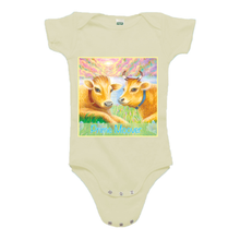 Organic infant one piece short sleeve with "Priya and Vedi Prime Moovers" design