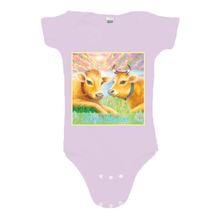 Organic infant one piece short sleeve with "Priya and Vedi Prime Moovers" design